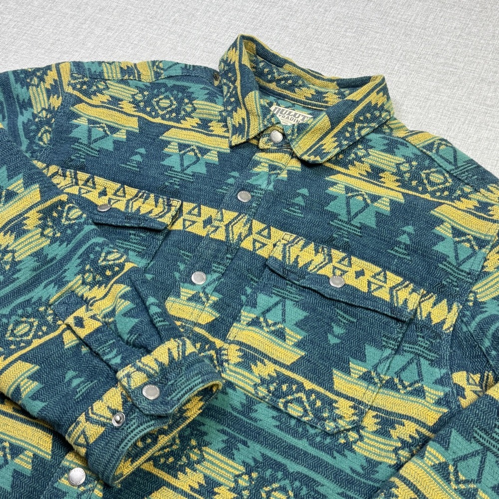 Duluth Trading Co. Southwestern Shacket Flannel Mens L Green‎ Aztec Quilt Lined